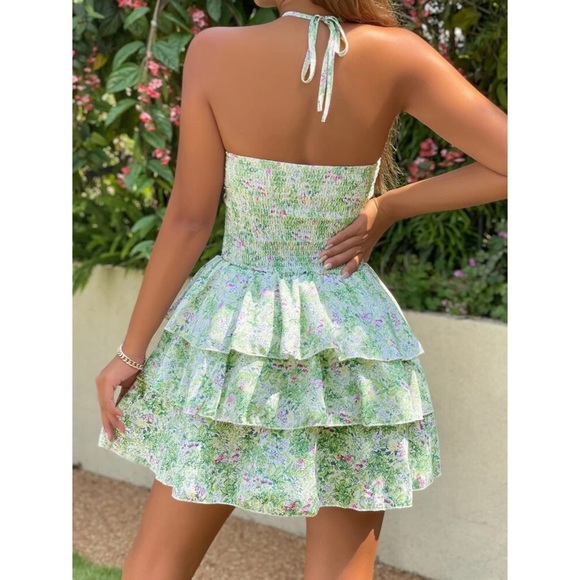 Alizey Floral Print Shirred Waist Cut Out Tie Backless Layered Hem Halter Dress - Picture 2 of 7